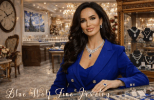 Elegant woman in a blue suit with luxurious jewelry in a lavish setting.