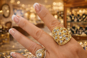 Close-up of hands with ornate diamond rings against a blurred golden background.