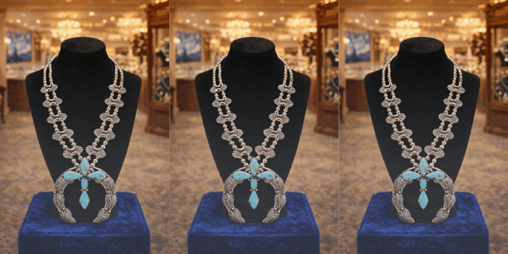 Elegant turquoise and silver necklace on display in a luxurious setting.