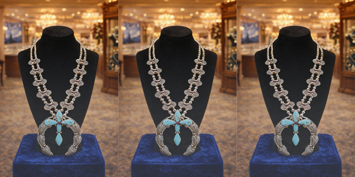 Elegant turquoise and silver necklace on display in a luxurious setting.