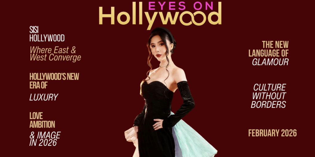 Elegant woman in a black gown on a maroon background with 'Eyes on Hollywood' text.