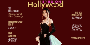 Elegant woman in a black gown on a maroon background with 'Eyes on Hollywood' text.