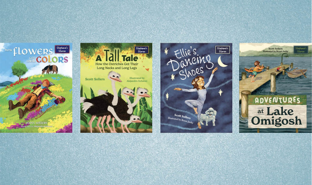 Three illustrated children's book covers with playful themes and colorful designs.